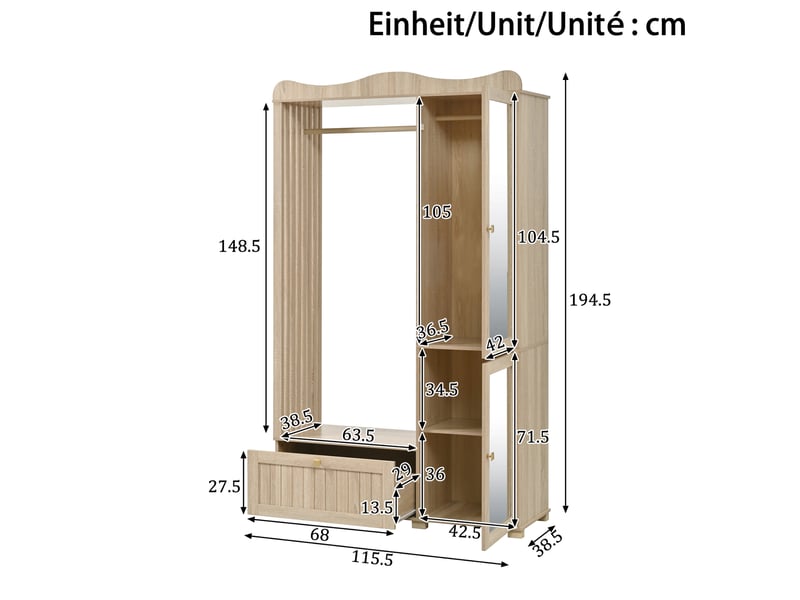  Armoire penderie avec miroir et rangement ouvert 2 portes 1 tiroir homvra  - Conforama E