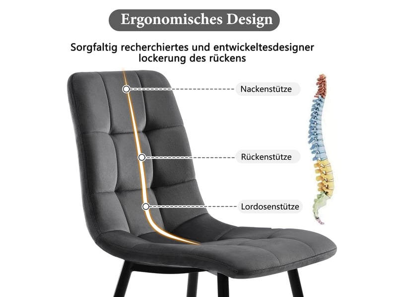  Lot de 4 chaises de salle à manger en velours, chaises rembourrées avec pieds en métal, ergonomie, pour cuisine, salle à manger, salon, chambre à coucher, gris  - Conforama W