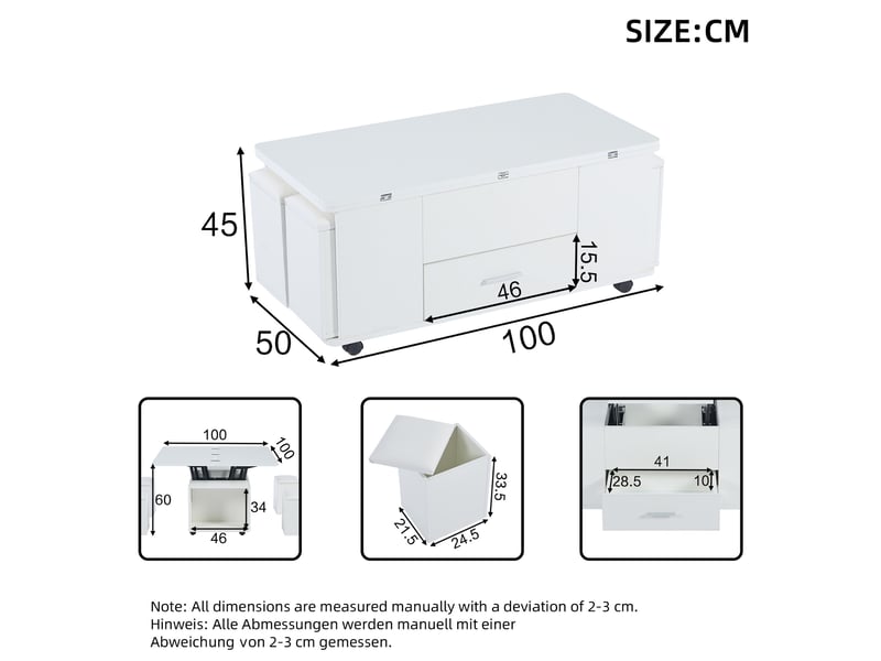  Table basse relevable avec 1 tiroir, espace ouvert, 4 tabourets de rangement et roulettes, pour salon, 100 × 50 × 45 cm  - Conforama D
