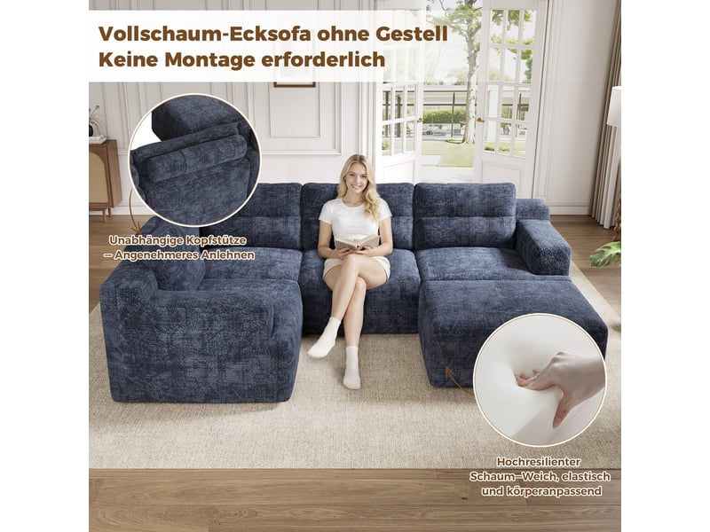  Canapé d'angle modulaire en tissu chenille bleu convertible en l ou u sans montage idéal pour salon  - Conforama E