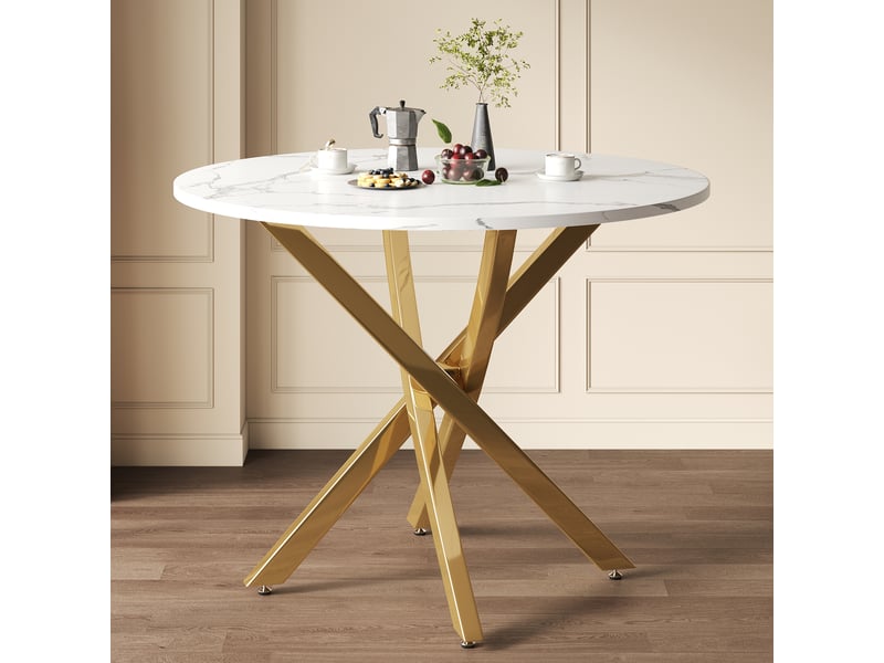  Table à manger ronde 80 cm plateau marbré pieds croisés - lpospi - métal chromé doré, mdf blanc et or 80 × 80 × 75 cm  - Conforama C