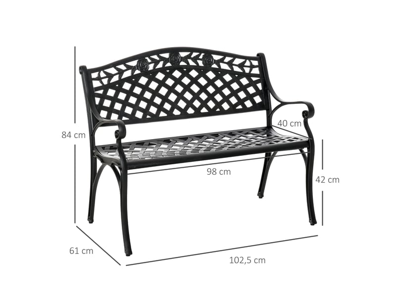  Banc 2 places, banc de jardin en aluminium, banc en métal avec accoudoirs, style champêtre, noir, 102,5 x 61 x 84 cm  - Conforama E