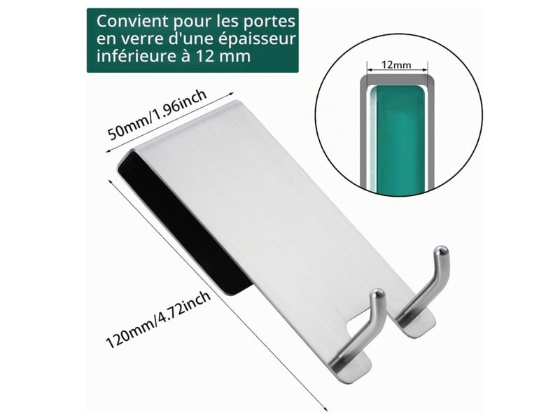  2 pièces crochet douche mural, porte serviette sans perçage, pour cabine de douche 6-12 mm d'épaisseur, acier inoxydable brossé  - Conforama D