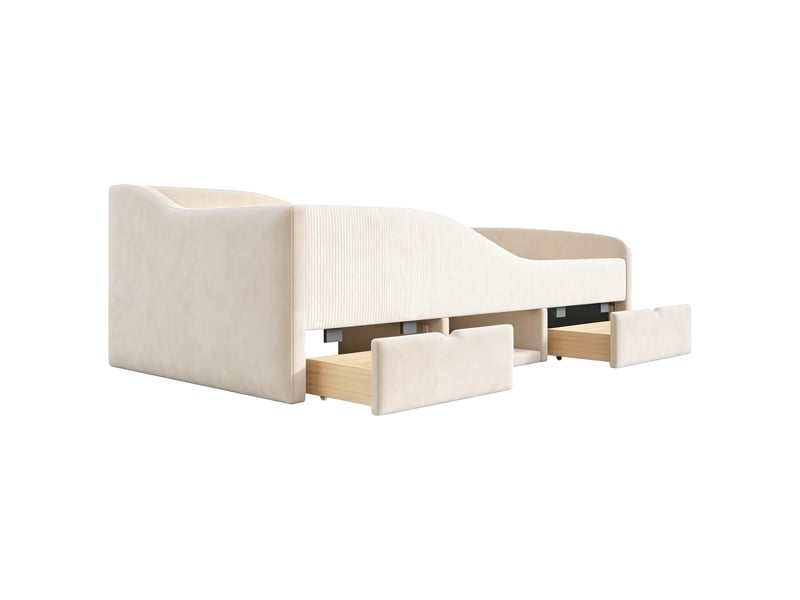  Lit 1 personne 90x190 cm - 2 tiroirs - lit avec rangement - lit rembourré en velours - barrières de sécurité beige  - Conforama E