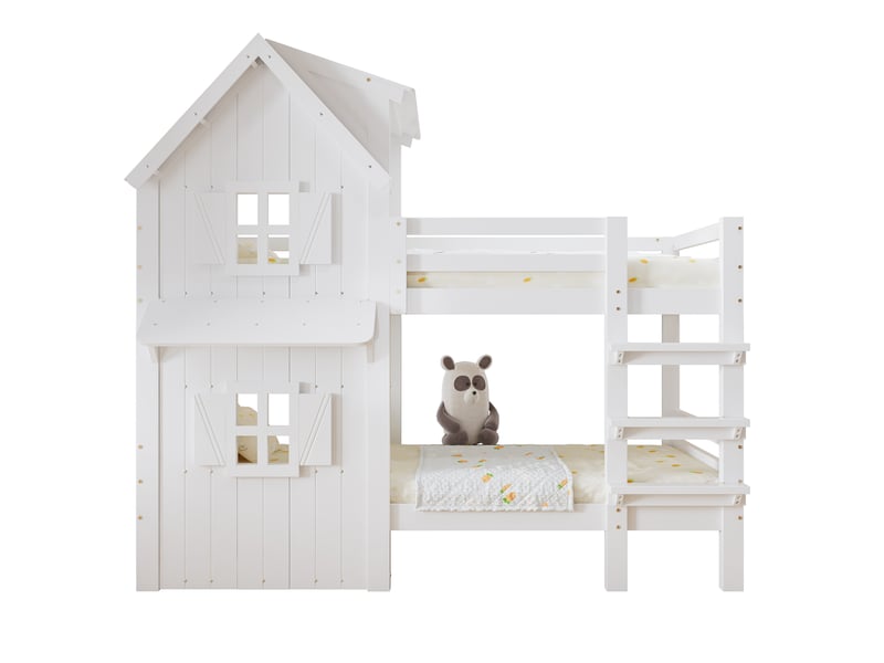  Lit superposé enfant 90x200 cm fenêtres, toit et échelle droite, sommier, mobilier chambre, mdf, blanc sans matelas  - Conforama A