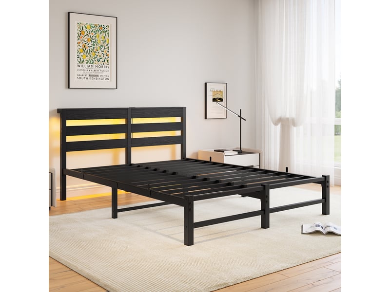  Cadre de lit, lit double 140x190 cm, rangement intégré, led, usb, sans matelas, métal et bois noir  - Conforama E