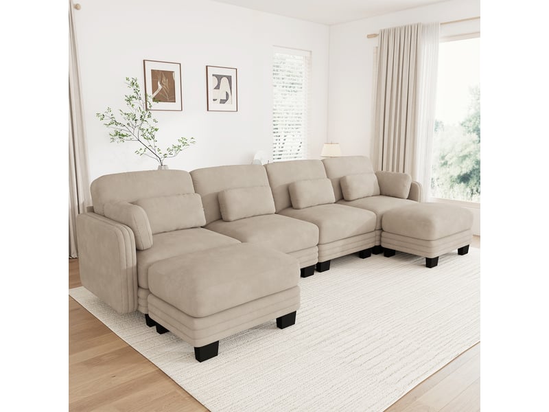  Canapé panoramique modulable 330 cm 4 places avec 2 poufs, coussins d’accoudoir amovibles, coussins lombaires épais, chenille, marron clair  - Conforama B