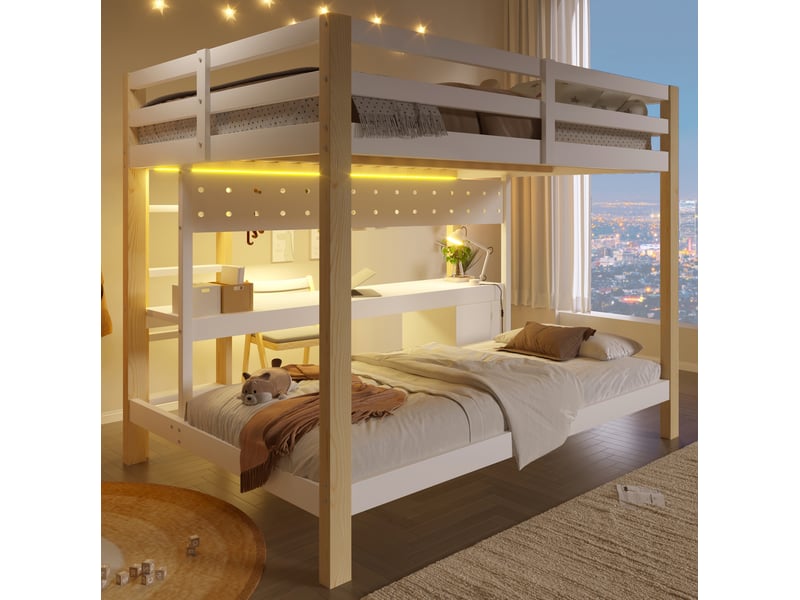  Lit mezzanine modenvie 90x200 cm et 140x200 cm en pin avec bureau, tiroirs, panneau perforé et led, blanc naturel  - Conforama D
