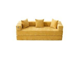 Canapé droit modulable 2 places en tissu jaune moutarde, convertible en couchage avec poches latérales pratiques