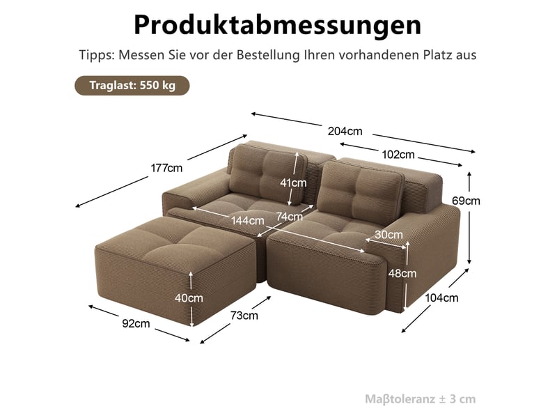  Canapé modulable ulevr 2 places avec ottomane, assise profonde 74 cm, velours côtelé marron, 204 x 177 cm  - Conforama C