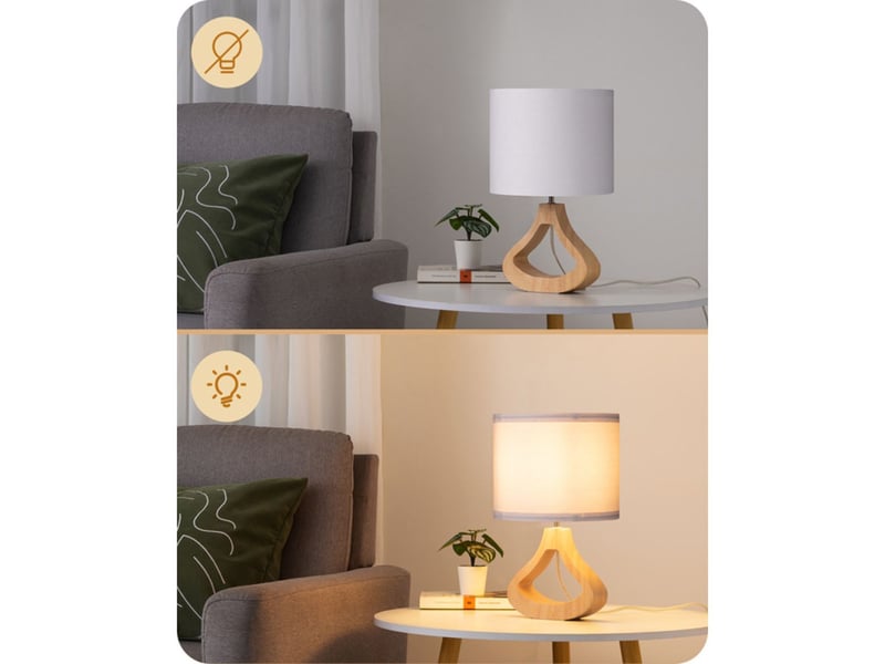  Lampe de chevet style scandinave 34 cm abat-jour lin blanc base chene clair e27 2700k led 370618_AAAYP05865_6_DROPFR - Conforama B