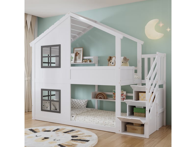  Lit cabane enfant 90x200 cm en pin blanc-gris avec fenêtres, rangements, escalier et sommier  - Conforama B
