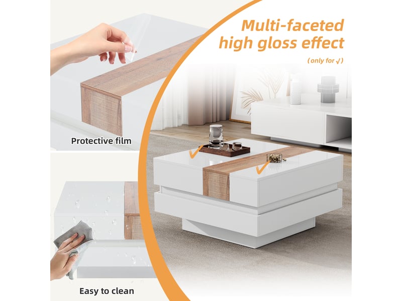  Table basse carrée blanche 70x70 cm avec plateau extensible et rangement caché, finition brillante  - Conforama R