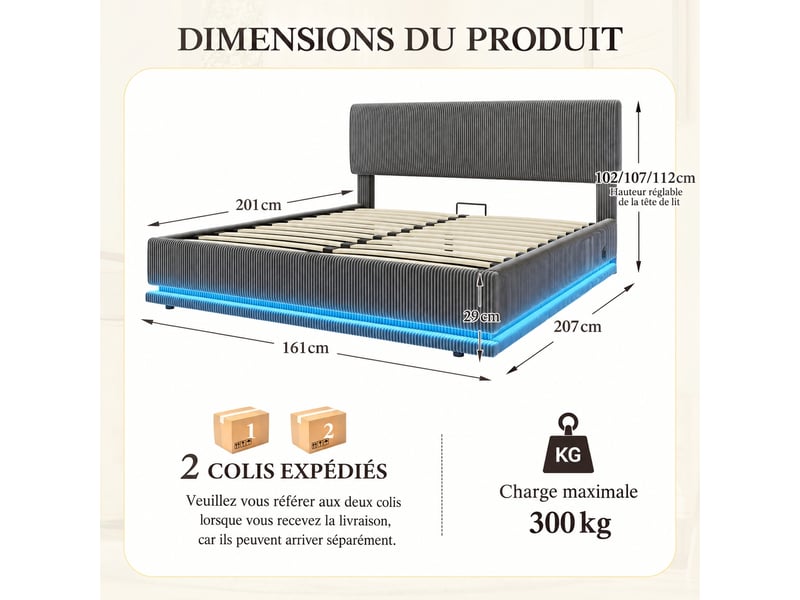  Lit en velours côtelé gris foncé avec coffre, led, usb-c et tête réglable, couchage 160 x 200 cm  - Conforama C