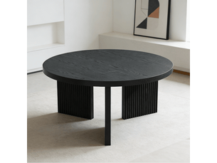 Table basse ronde ø80 cm, table de salon design moderne avec pieds à reliefs verticaux, table d'appoint déco, plateau mdf effet bois, noir