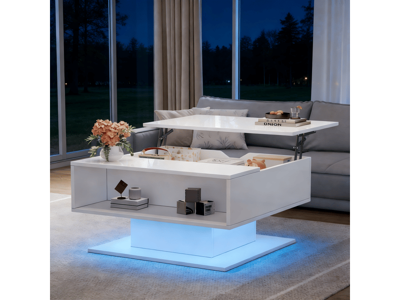  Table basse relevable 80x75x40cm, table de salon blanche avec rangement caché et led, finition brillante  - Conforama D