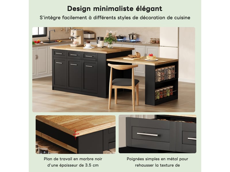  Îlot multifonctionnel cuisine table rallonge noir plan bois laminé rangement intégré familial 150 x 90 x 90 cm  - Conforama B
