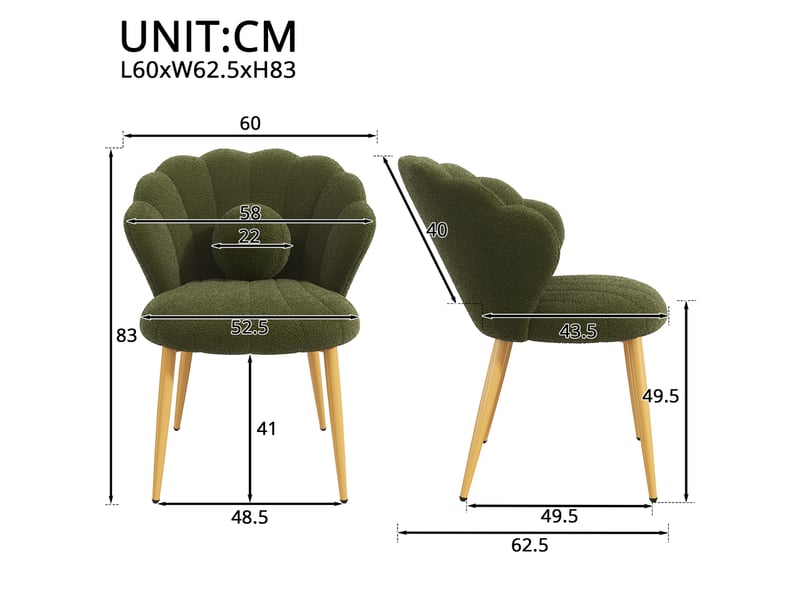 Lot de 6 fauteuils 60x62.5x83 cm tissu bouclé assise rembourrée dossier coquillage pieds en métal usage quotidien vert OPULERANE TRADING LTD - Conforama D