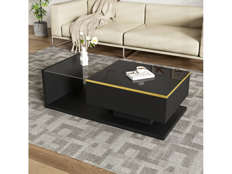  Table basse ulevr avec rangement et led 16 couleurs, 100 x 50 cm, plateau en verre trempé, panneau de particules noir brillant  - Conforama D