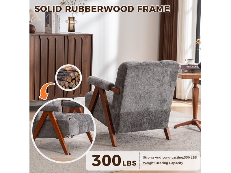  Fauteuil en bouclé avec structure en bois, accoudoirs et dossier rembourré pour salon, gris  - Conforama E