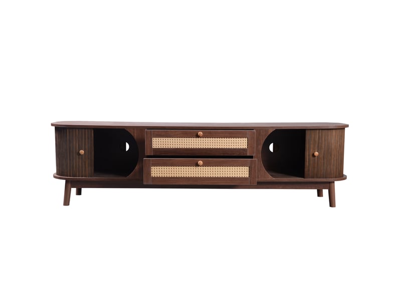 Meuble tv rotin naturel 170 cm avec portes et tiroirs, meuble tv bois massif style campagne, charge 50kg  - Conforama W
