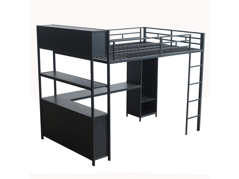  Lit mezzanine enfant avec bureau et rangement, métal noir, 140x200cm, armoire intégrée et espace de stockage  - Conforama E
