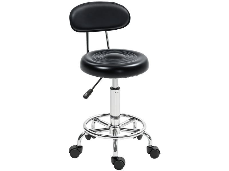  Tabouret à roulettes pivotant et réglable avec dossier en similicuir et repose-pieds pour coiffeuse en noir  - Conforama A