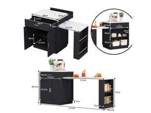 Îlot de cuisine bicolore mdf 211×55×89,5 cm, table extensible pour 4 à 6 personnes, 2 tiroirs, prises et 2 étagères