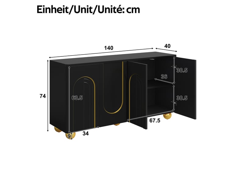 Buffet 4 portes 140 x 40 x 74 cm noir, décor arcs dorés et pieds en métal  - Conforama C