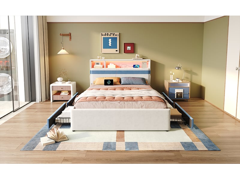  Lit enfant rembourré 140 x 200 cm blanc et bleu en velours, quatre tiroirs, tête de lit led, prises et poches latérales  - Conforama B