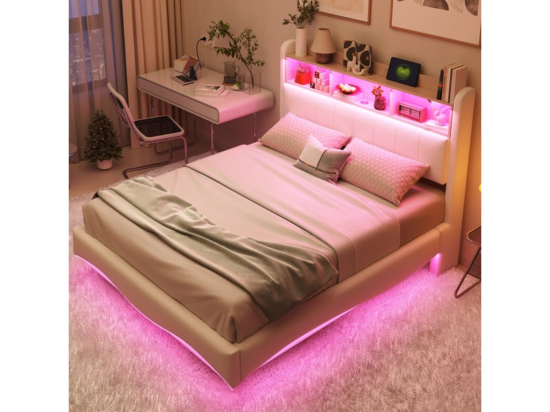 Lit double rembourré 140 x 200 cm effet flottant avec led, usbusb-c et rangement de tête de lit, tissu effet lin beige Fay Lum - Conforama E