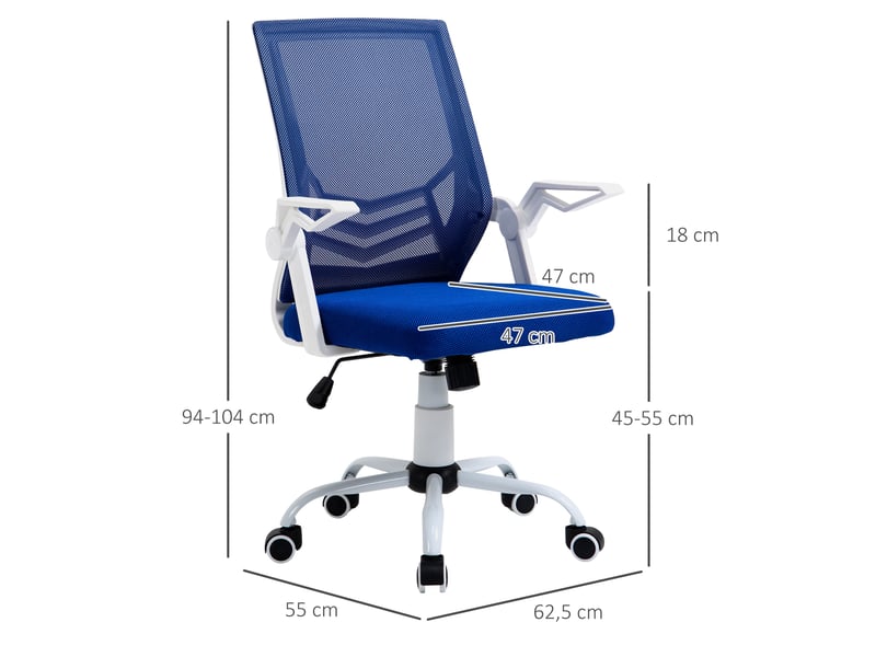  Chaise de bureau ergonomique pivotante avec hauteur réglable et accoudoirs rabattables, 62,5 x 55 x 94-104 cm, bleue  - Conforama D
