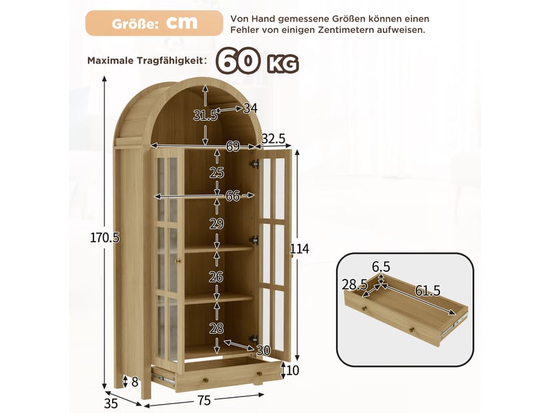  Armoire haute arquée moderne avec étagères réglables et tiroir, vitrine multifonction  - Conforama C