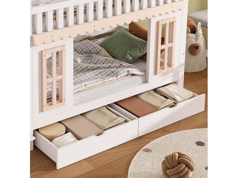  Lit superposé enfant 90x200 cm, lit cabane, escalier rangement, tiroirs, fenêtres, mdf, naturel et blanc, sans matelas  - Conforama E