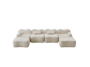 Canapé modulable ulevr 4 places en u avec 2 poufs, mousse 32d, velours beige, 384 x 167 x 70 cm