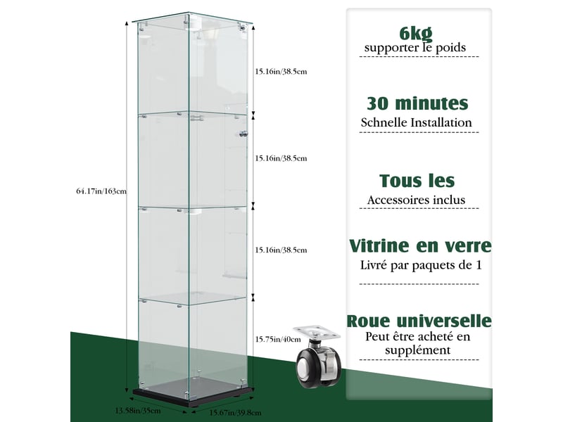  Vitrine d'exposition - 39.8x35x163cm - en verre 4 niveaux, vitrine porte simple avec éclairage led, serrure - noir  - Conforama E