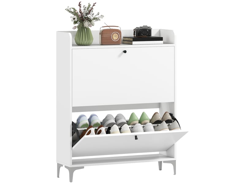  Meuble à chaussures étroit avec 2 tiroirs à rabat et étagères réglables, en bois et métal, 80 x 24 x 101 cm, blanc  - Conforama A