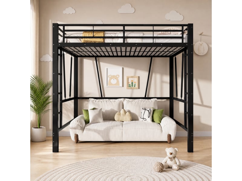  Lit mezzanine 140 × 200 cm 2 places avec double échelle, barrières de sécurité, sans matelas, en métal, noir  - Conforama B