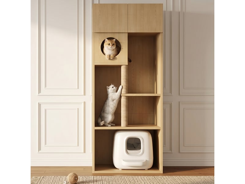  Meuble cache-litière 80 x 45 x 193 cm, rangement multifonction avec poteau à griffer, plateformes et espace repos, aspect bois naturel  - Conforama W