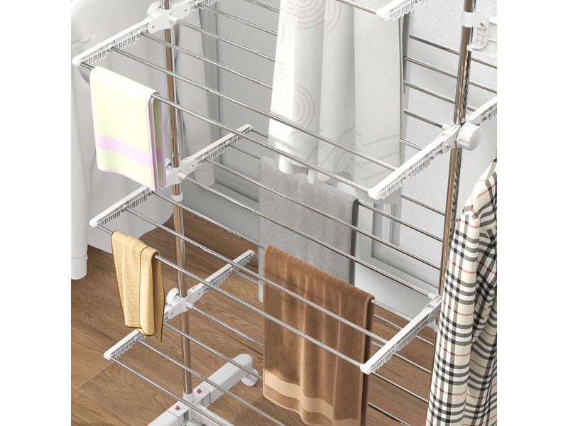  Étendoir à linge mobile, pliable à 4 niveaux, avec roulettes, système de verrouillage, rallonges latérales, abs, blanc  - Conforama D