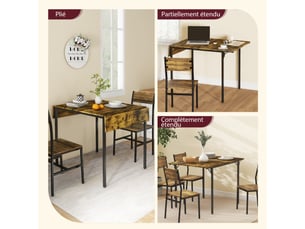 Table de salle à manger avec 2 rabats style industriel, table à abattant pour 2-4 personnes, extensible