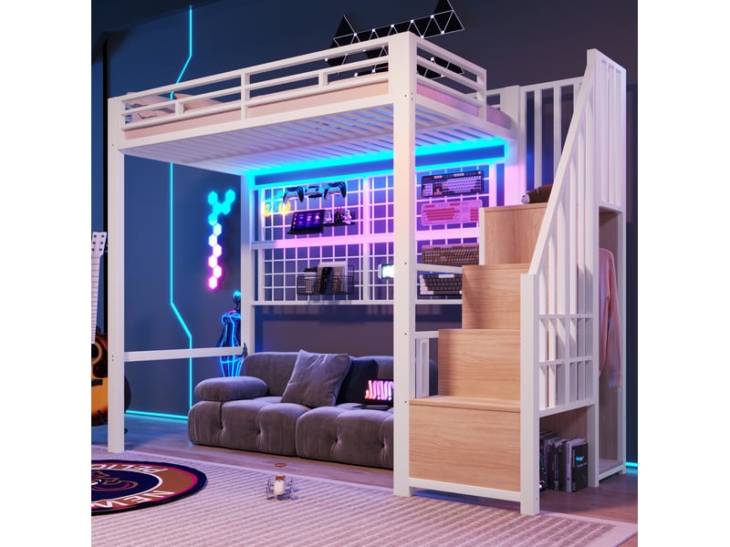  Lit mezzanine 90 x 200 cm en métal, escalier de rangement et led 7 couleurs, blanc  - Conforama E