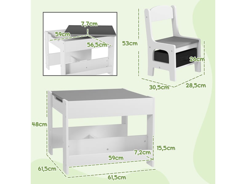  Ensemble 3 pièces table et 2 chaises pour enfant avec plateau réversible tableau noir, étagères, panier de rangement  - Conforama C
