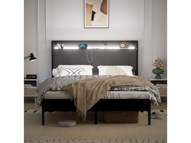  Lit double 140x190 avec tête de lit capitonnée led et station de charge usb - cadre métal noir gris  - Conforama R