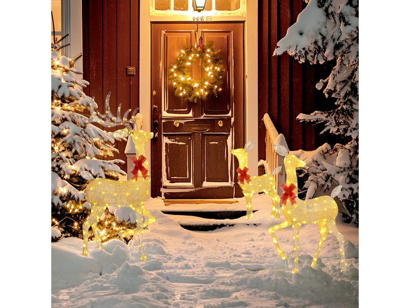  3 cerfs lumineux noël, en forme de famille de cerfs, rennes lumineux noël, en acier, 283 led blanc chaud, or  - Conforama D