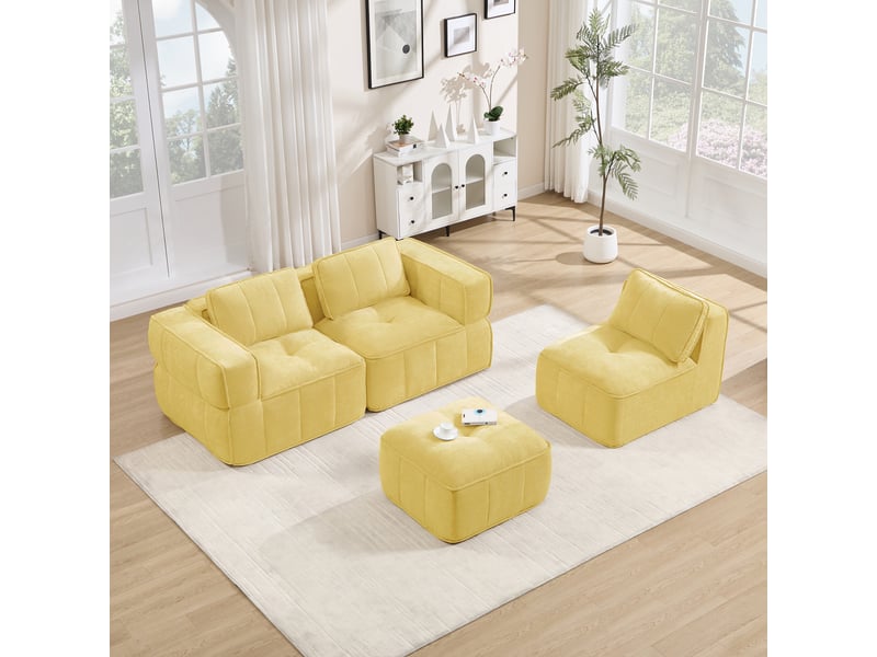  Canapé modulable, canapé 3 places, en tissu, jaune, avec pouf, pour salon, mobilier pour espace de vie, adapté à l'espace de vie  - Conforama D