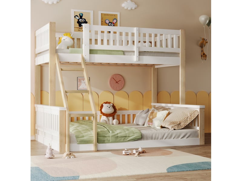  Lit superposé enfant 90x200+140x200 gain de place, barrières sécurité échelle stable pin blanc et naturel, sans matelas  - Conforama W