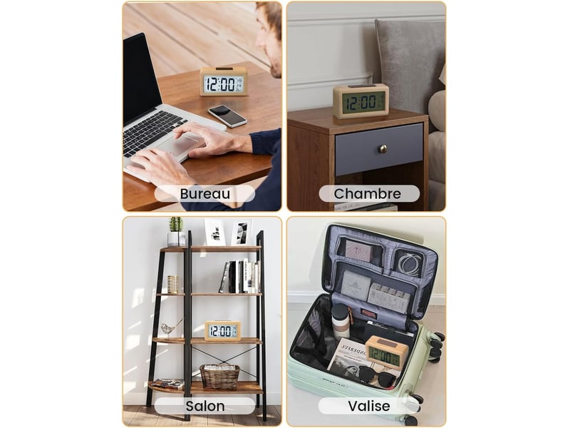  Sveglia digitale in legno, orologio digitale lcd | silenziosa (sans ticchettio), avec visualisation des données, température et fonction snooze  - Conforama B