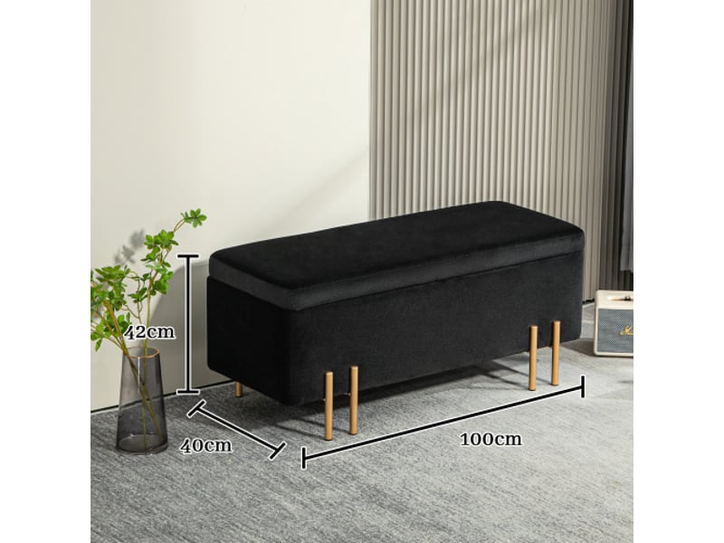  Banc coffre noir rembourré avec rangement, métal, bois d’hévéa et mousse, 100x40x42 cm  - Conforama C