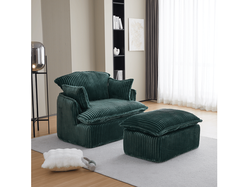  Fauteuil nuage compressé 1 place en velours côtelé vert avec pouf, mousse haute densité, esprit vintage pour salon  - Conforama E